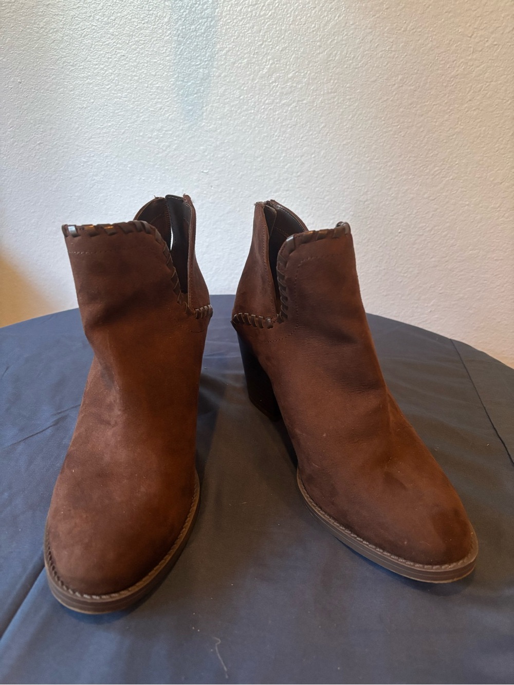 Market & Spruce Brown Suede Ankle Booties with Stacked Heel
